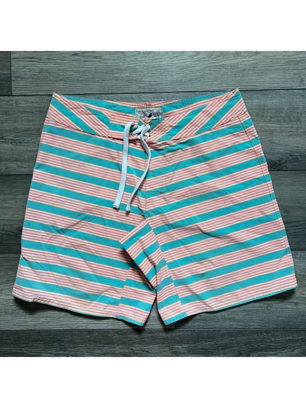 Wellen Men's 34 Bermuda Striped Swim Board Shorts Teal Coral Drawstring USA